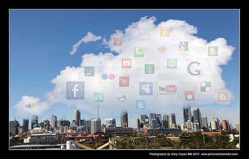 Skyline with logos of cloud service providers superimposed on the clouds cleverly